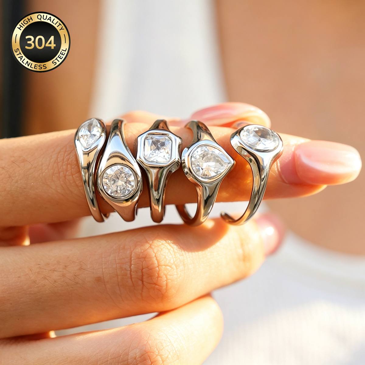 Women's Light Luxury Multi-Shape White Zircon Stainless Steel Ring